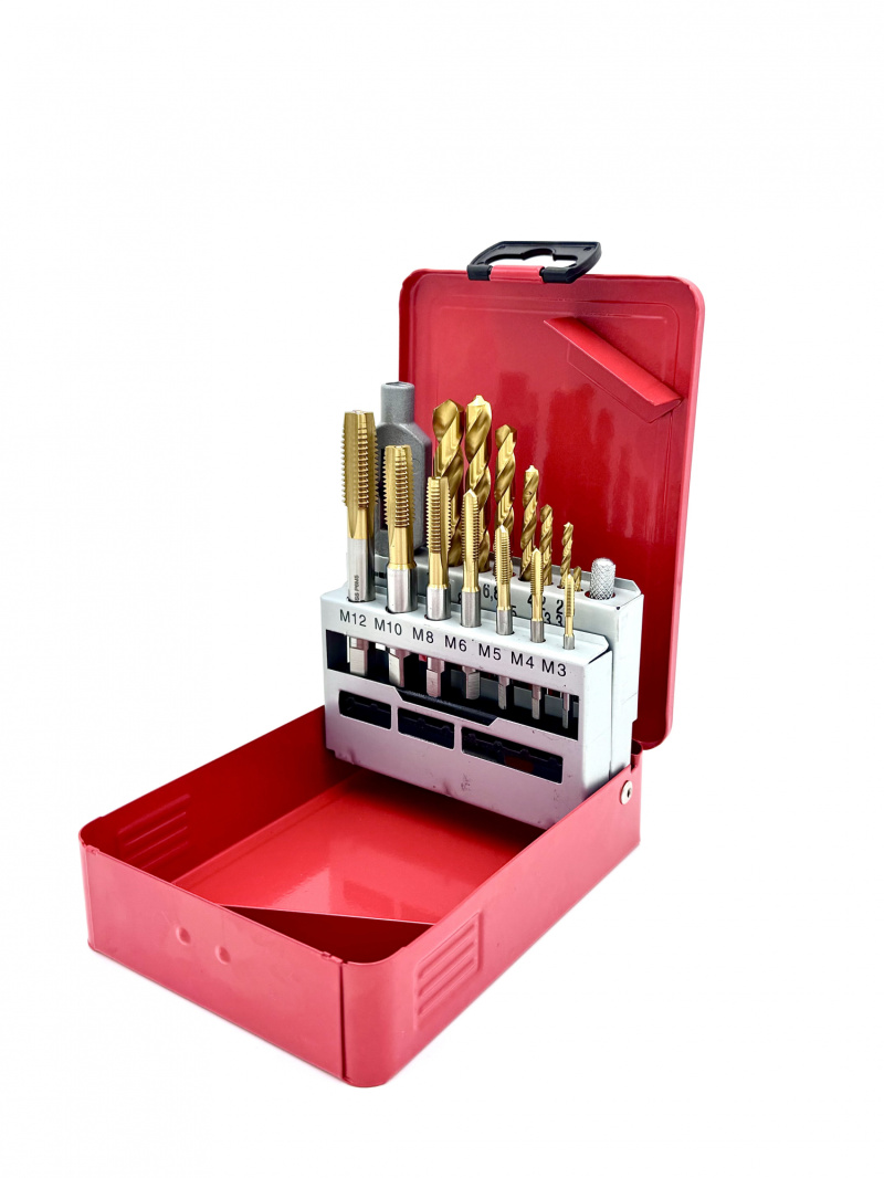 Набор метчиков и сверл M3x0.5/M4x0,7/M5x0.8/M6x1.0/M8x1.25/M10x1.5/M12x1.75 Р6М5 TIN ISO529 прямые + Ø 2.5/3.3/4.2/5/6.8/8.5/10.2 мм Р6М5 TIN DIN 338 