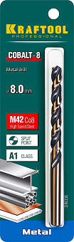 Сверло по металлу HSS-Co(8%) , сталь М42(S2-10-1-8), 8.0 х117мм, KRAFTOOL COBALT